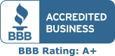 BBB Accredited Business badge showing A+ rating, blue torch logo and Accredited Business label
